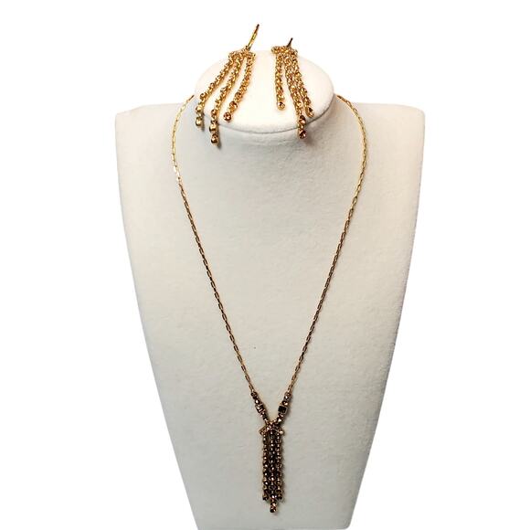 Gold Tone Brown Rhinestone Necklace Earring Set Unsigned 16" Elegant Vtg - Picture 9 of 11